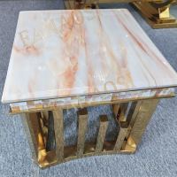 Table d'appoint de luxe au design italien, style moderne du milieu du siècle, avec plateau en acier inoxydable brillant et en marbre, pour salon, appartement, école