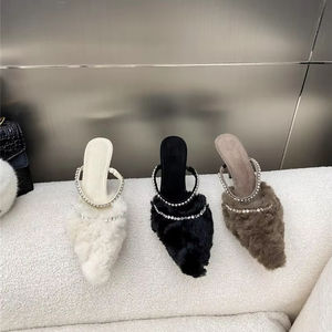 Hiver Nouvelle Arrivée Style Français Pointed Toe Stiletto Sexy Party Footwear Heels Shoes Fuzzy Fur Lined Ankle for Women - Product Image 1