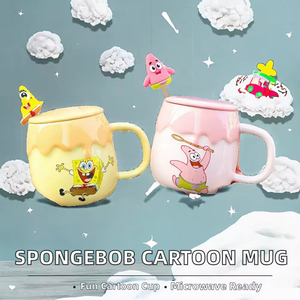 Taza de Cerámica de Porcelana Blanca con Dibujos Animados de <span class=keywords><strong>Bob</strong></span> <span class=keywords><strong>Esponja</strong></span>, con Tapa y Cuchara, Apta para Microondas, Lavavajillas y Altas Temperaturas - Product Image 2