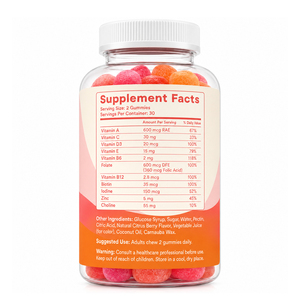 Vitamines gélifiées bio en gros à faible teneur en sucre pour femmes : Pré-natal (C, D, E, B12, Acide Folique) – Équilibre hormonal, aide à l'ovulation, cycles réguliers - Product Image 6