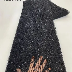 Yüksek lüks kadın tekstil kumaş örgü Polyester inciler boncuk kumaş gelin nakış dantel tül kumaş
