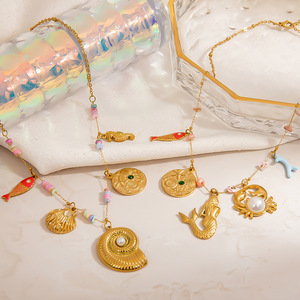 Collar de acero inoxidable con colgante de pez, concha y sirena, chapado en oro de 18 quilates, cadena para clavícula, para mujer, regalo, joyería. - Product Image 4