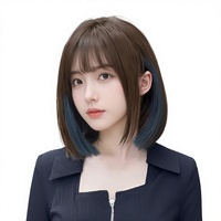 Perruque Courte Femme Marron Froid Bleu Brumeux Naturel Cheveux Synthétiques Pleine Tête Fibre Haute Température 400g Faite à la Machine Tendance
