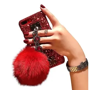 Phone Case For 7 8 11 12 Pro Max Flash Luxury Diamond Fur Ball Glitter Women Girl mirror Phone Cover For iPhone 12 Pro Max