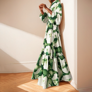 Abiti Lunghi Stampati a Colori per <span class=keywords><strong>Donna</strong></span>, Nuova Moda Primavera-Autunno, Scollo a V, Maniche Lunghe, Volant e Spacco, Vestito Elegante da Ufficio - Product Image 2