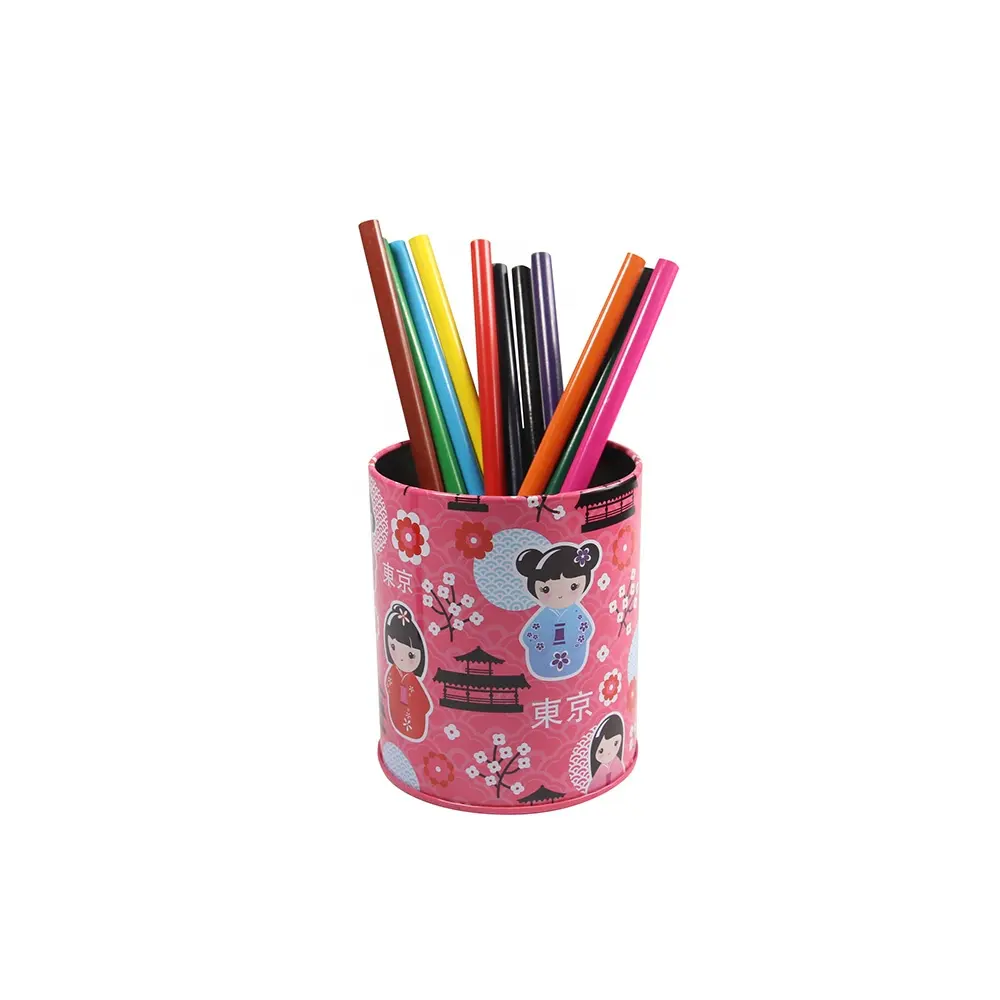 Metal Round Tin Pen Holder for Desk Organizer Custom Cute Tin Pencil Holder for Kids School Gift