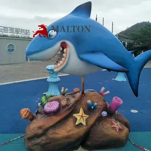 Ocean Style Park Garden Theme Fiberglass Cartoon Shark Sculpture For Seaside Decor