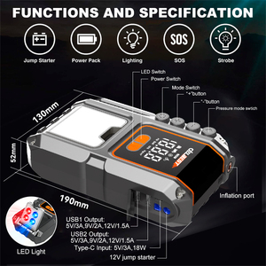 Avviatore <span class=keywords><strong>Batteria</strong></span> <span class=keywords><strong>Auto</strong></span> <span class=keywords><strong>Portatile</strong></span> 4-in-1, Power Bank Booster 23800mAh Pacco <span class=keywords><strong>Batteria</strong></span> al Litio con Compressore Aria e Luce LED - Product Image 2