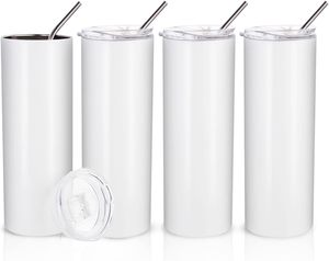 Gobelet isotherme blanc de 20 oz en acier inoxydable 304 à double paroi, droit et fin, vierge pour sublimation, avec paille - Product Image 1