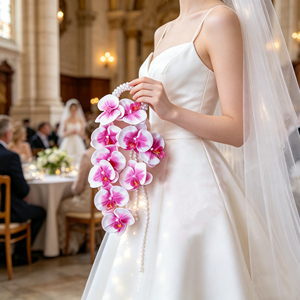 Bouquet <span class=keywords><strong>d</strong></span>'orchidées Phalaenopsis 3D à toucher réel avec perles, fleurs artificielles élégantes pour la <span class=keywords><strong>d</strong></span>écoration de mariage et de fête prénuptiale - Product Image 1