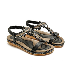 Elegant Black T-Strap Flat Sandals Open Toe Summer Women <b>Shoes</b> Genuine Leather Upper Rhinestone Decoration Buckle Closure - Product Image 2