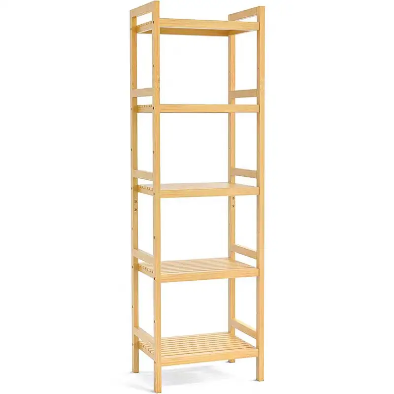 5Tier Bamboo Bathroom Shelf,Multifunctional Bookshelf Plant Stand,Utility Shelf Adjustable for Laundry Pantry