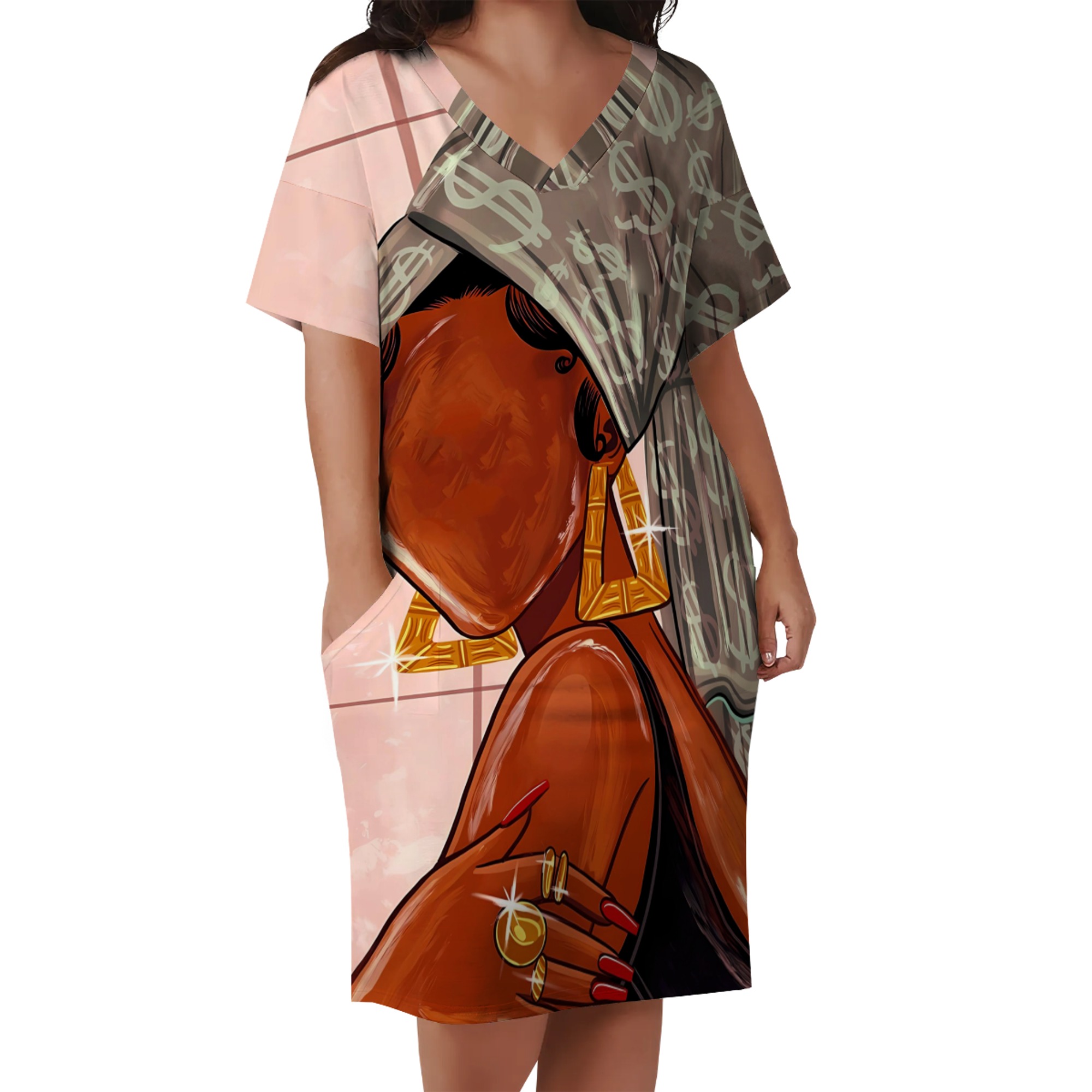 Unique and Colorful Design Short Sleeve V-Neck Customizable Cartoon  Character Dress for Women, image size:2000x2000