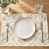 Set de table en lin et coton imprimé sur mesure 35x48cm |   Feuilles d'eucalyptus dorées sur fond ivoire |   Impression numérique en gros