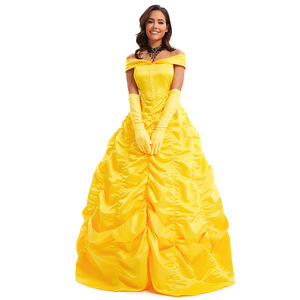Vestido de Princesa Bella, Disfraz de Satén Amarillo, Traje de Cosplay, Vestido Largo para Mujer con Guantes - Product Image 5