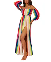 Long Dress Custom Fashionable Long Sleeve Striped Print Split Thigh Maxi Dress Beach Elegant Women Vacation Off Shoulder Slit Maxi Dress