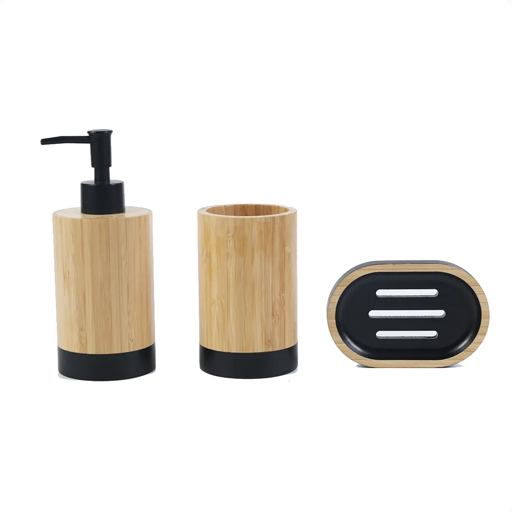 Bamboo Wood Bathroom Set 3 Wooden Bathroom Product with Wood Soap Box Lotion Bottles and Toothbrush Cup