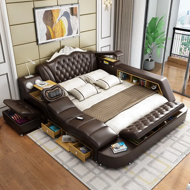 الحديثة سرير لينة مع تدليك المتكلم تصميم الجلود تخزين حصير السرير الذكية مول وظيفي أثاث غرف النوم
