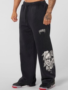 Pantalones Deportivos Góticos Marrones con Cordón, Corte Recto, Casuales, con Estampado de Calavera y Rosas, Cintura Elástica, Largos, para Hombre - Product Image 3
