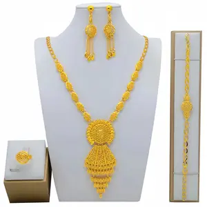 Nouvel ensemble de bijoux en or 24 carats Dubai collier de mariage de la mariée arabe Bracelet boucles d'oreilles bague en stock