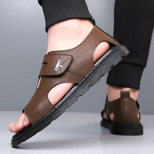 Sandales d'été en cuir véritable à bout ouvert pour homme, avec empeigne en maille, décontractées, à semelle souple, respirantes, avec soutien de la voûte plantaire, à enfiler - Product Image 4