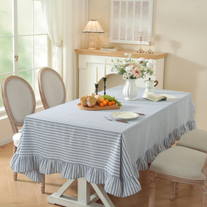 Mantel Rectangular de Algodón y Lino con Volantes, Rayas Teñidas en Azul Nórdico, de Lujo, Personalizado, al por Mayor, para Comedor en el Hogar - Product Image 1