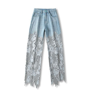 Nuevos pantalones de mezclilla de pierna ancha de cintura alta de verano para mujer, diseño informal multifuncional, encaje hueco multifuncional - Product Image 1