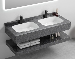 Meuble-lavabo de salle de bain moderne avec éclairage LED, lavabo intégré et étagère de rangement en pierre frittée, de haute qualité et élégant - Product Image 4