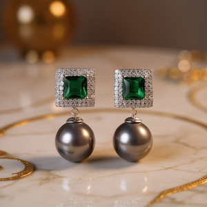 Orecchini pendenti con perle di Tahiti verdi e bianche, montatura geometrica in argento, perle coltivate rotonde AAA, lusso da donna per feste - Product Image 2