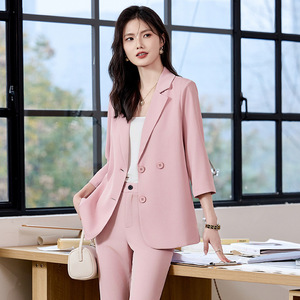 Women's Pink <b>Blazer</b> Suit <b>Set</b> Three Quarter Sleeve Solid Color Lightweight Breathable Casual Wear - Product Image 1