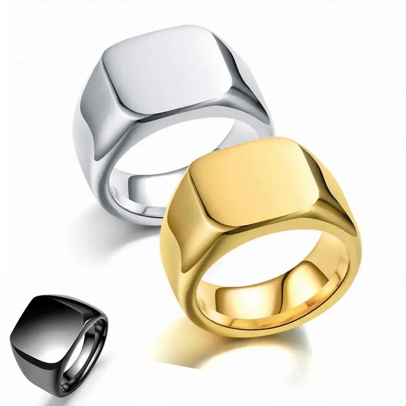 Custom Gold Silver Black Stainless Steel Titanium Plain Engraved Logo Signet Custom Ring