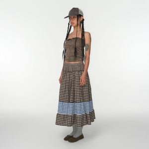 กระโปรงยาวทรงเอเอวสูงลายสก็อตแบบเรโทร ตัดต่อสีตัดกัน ดีไซน์มินิมอลสำหรับผู้หญิง - Product Image 3