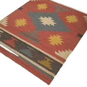 Wool And Jute Rug Handmade Kilim Dhurrie Rug Motifs Oriental Traditional Indian Geometric Turkish