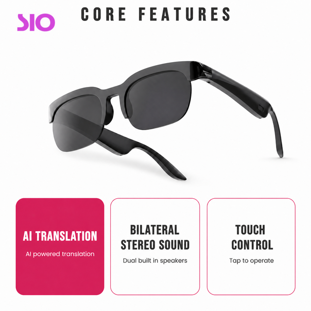 AI Translator Bilateral Stereo 80mAh Type C Touch Control 5 To 10m PC ABS IPX4 59x39.5x37.5mm 36g AI Translation Glasses