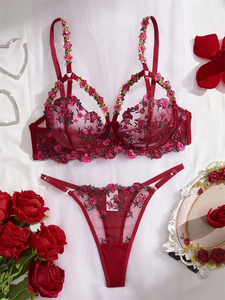 Set di Lingerie Floreale, Bellissima Biancheria Intima Femminile, Set <span class=keywords><strong>Reggiseno</strong></span> di Lusso Ricamato, Biancheria Intima Romantica in Rete <span class=keywords><strong>Bordeaux</strong></span> Trasparente - Product Image 3