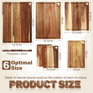 Acacia Wood Cutting Board <b>Set</b> 6 Pcs Rectangle Kitchen Food Prep Board With Juice Groove Double Sided Natural Wood Color - Product Image 3