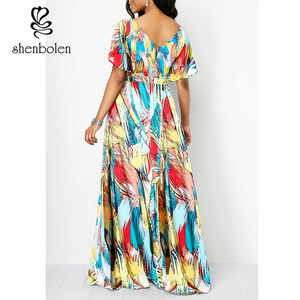 ¡Venta al por mayor! ¡verano 2019! <span class=keywords><strong>vestidos</strong></span> largos coloridos de talla grande con cuello en V para mujer - Product Image 3