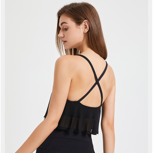 Women V Neck Mesh Ruffle <b>Flowy</b> Yoga Crop <b>Top</b> Thin Crisscross Back Sleeveless Padded Workout Tank <b>Top</b> Quick Dry Fitness Cami - Product Image 2