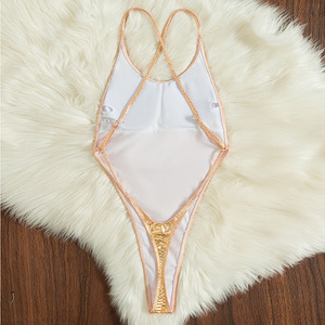 Traje de baño de una pieza con estampado de serpiente dorada para mujer, cuello en U, espalda cruzada, corte alto, efecto brillante, venta al por mayor, ropa de playa OEM ODM - Product Image 5