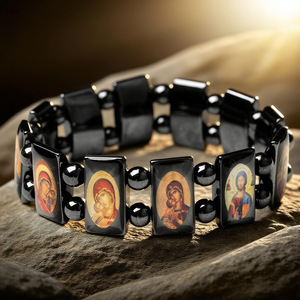 Orthodox Christian Black Plastic Zinc Alloy <b>Stretch</b> Beaded Virgin Mary Jesus Image Rectangle Tile Prayer Vintage Unisex <b>Bracelet</b> - Product Image 4