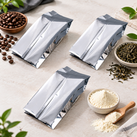 Sacs personnalisés haut de gamme en aluminium argenté avec impression offset, soufflets latéraux et fermeture arrière pour emballage alimentaire (café, thé en poudre), recyclables