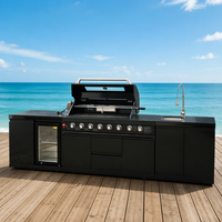 Îlot de cuisine BBQ extérieur tout-en-un en acier inoxydable 304 avec évier et réfrigérateur, en verre trempé, personnalisable