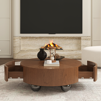 Table basse ronde en noyer de 35,43 pouces, moderne, à hauteur réglable, en forme de tambour, avec tiroir de rangement dissimulé et pieds sphériques