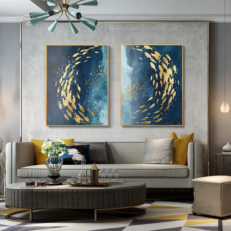 Pintura en lienzo de estilo nórdico abstracto moderno para pared, póster de mar azul y pescado dorado, decoración del hogar, pintura de pared para sala de estar