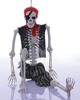 Décoration de squelette pirate d'Halloween, squelette articulé grandeur nature de 65 pouces avec bandana rouge et cache-œil pour la décoration de fête d'ambiance hantée