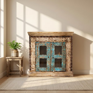 Gabinete de Almacenamiento Vintage de Madera Reciclada con Puerta de Persiana Turquesa Envejecida para Sala de Estar, Requisitos Personalizados, Precio al por Mayor - Product Image 4