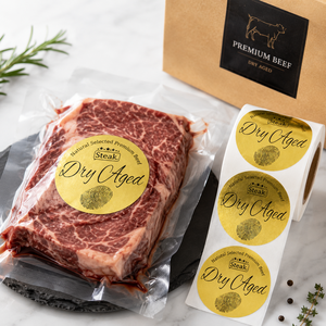 Étiquette autocollante circulaire personnalisée en feuille d'or métallique pour emballage de viande de bœuf premium vieilli à sec, de qualité <span class=keywords><strong>gourmet</strong></span> - Product Image 2