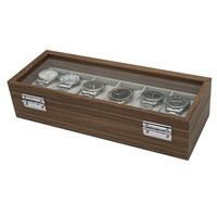 Boîte à montres en bois massif, 6 compartiments, grain de noyer, dessus en verre, organiseur pour hommes avec coussinets gris doux
