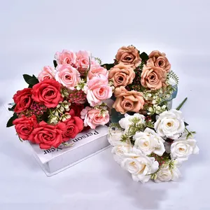 Bouquet de roses artificielles en soie, vente en gros, 9 têtes, fleurs artificielles, bouquet de mariage, pour la saint-valentin