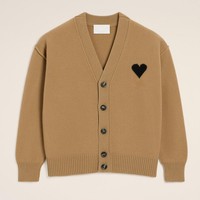 Fabricants de tricots OEM de Chine personnalisé femmes tricot Jacquard Intarsia laine marron Paris coeur Cardigan pull femmes avec bouton